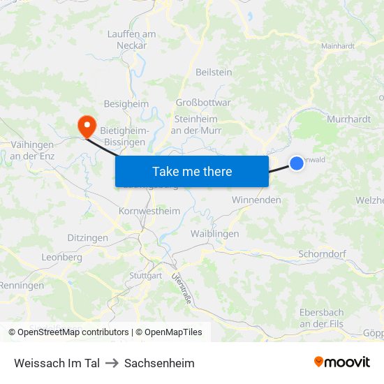 Weissach Im Tal to Sachsenheim map