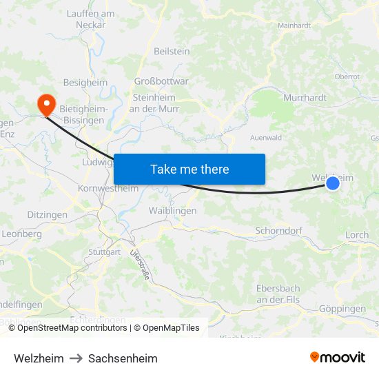 Welzheim to Sachsenheim map
