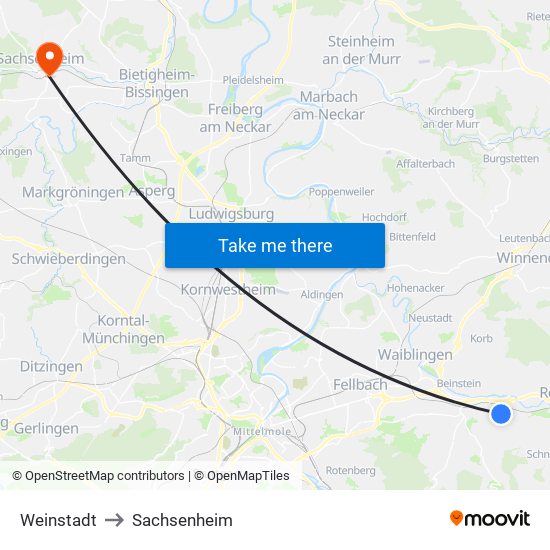 Weinstadt to Sachsenheim map