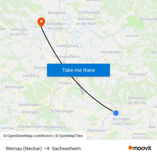 Wernau (Neckar) to Sachsenheim map