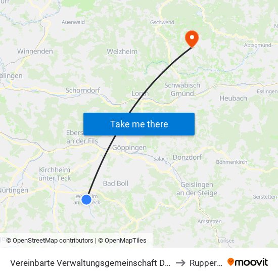Vereinbarte Verwaltungsgemeinschaft Der Stadt Weilheim An Der Teck to Ruppertshofen map