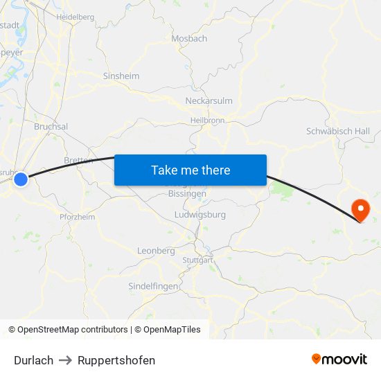 Durlach to Ruppertshofen map