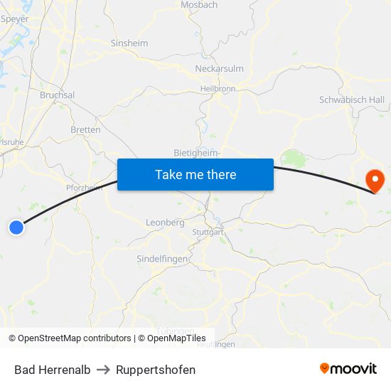 Bad Herrenalb to Ruppertshofen map