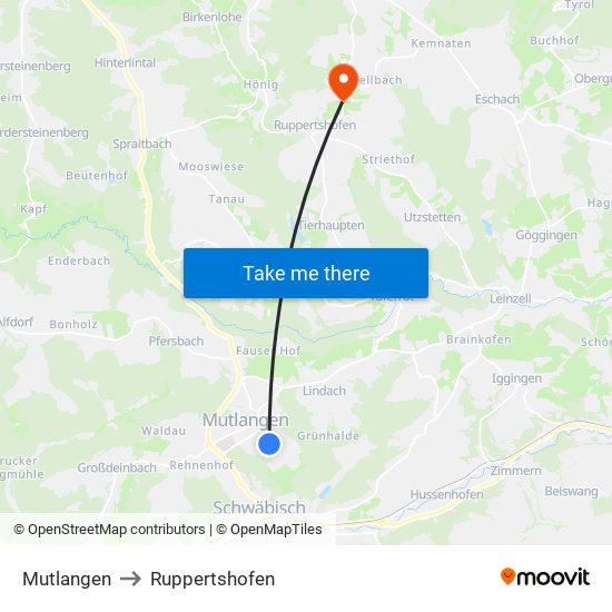 Mutlangen to Ruppertshofen map