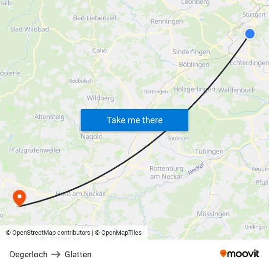 Degerloch to Glatten map