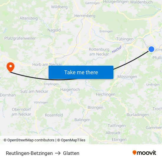 Reutlingen-Betzingen to Glatten map