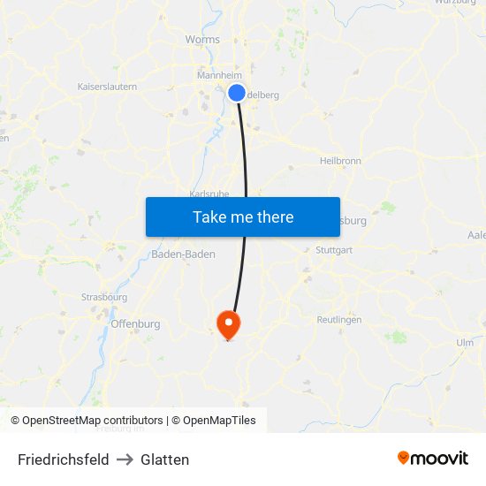 Friedrichsfeld to Glatten map