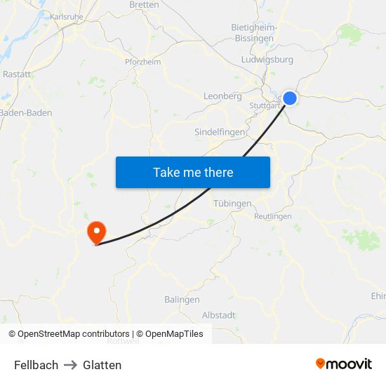 Fellbach to Glatten map