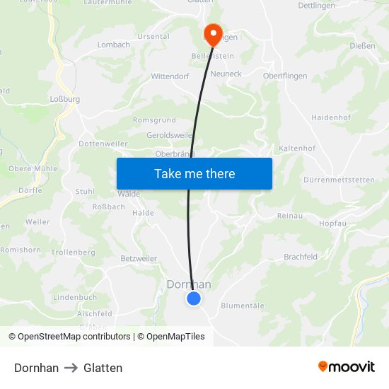 Dornhan to Glatten map