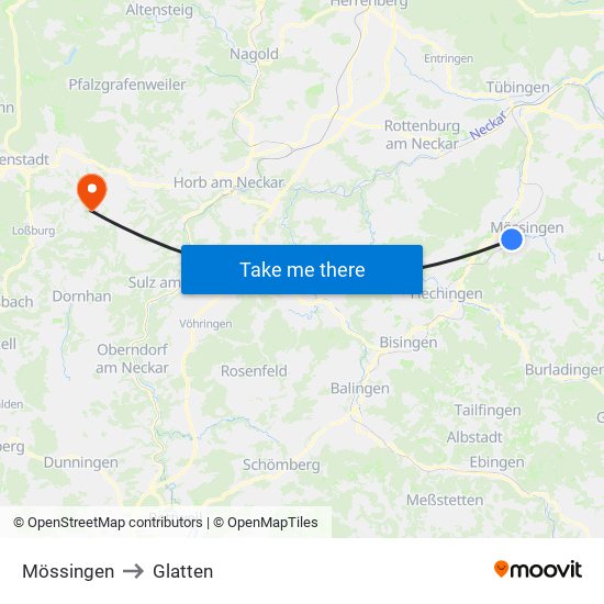 Mössingen to Glatten map