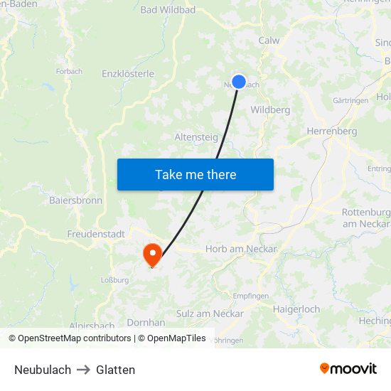 Neubulach to Glatten map