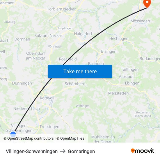 Villingen-Schwenningen to Gomaringen map