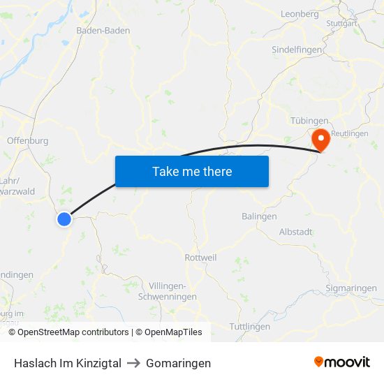 Haslach Im Kinzigtal to Gomaringen map