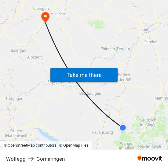 Wolfegg to Gomaringen map