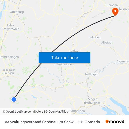 Verwaltungsverband Schönau Im Schwarzwald to Gomaringen map