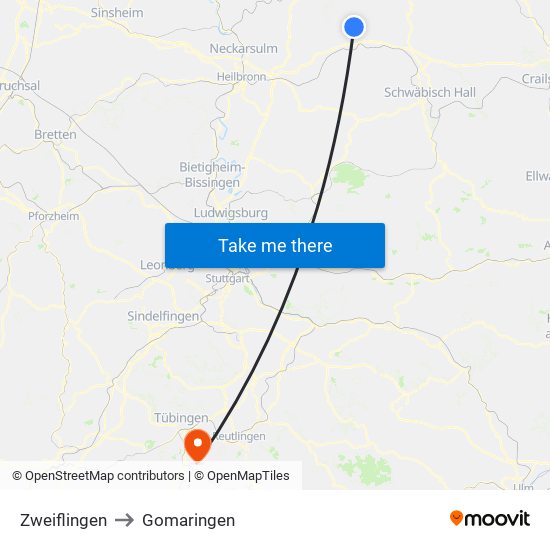 Zweiflingen to Gomaringen map