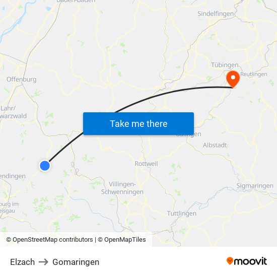 Elzach to Gomaringen map