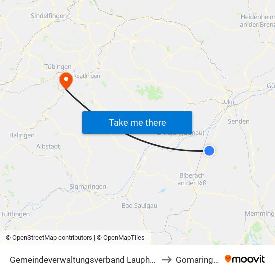 Gemeindeverwaltungsverband Laupheim to Gomaringen map