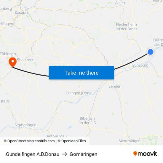 Gundelfingen A.D.Donau to Gomaringen map