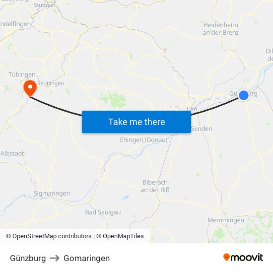 Günzburg to Gomaringen map