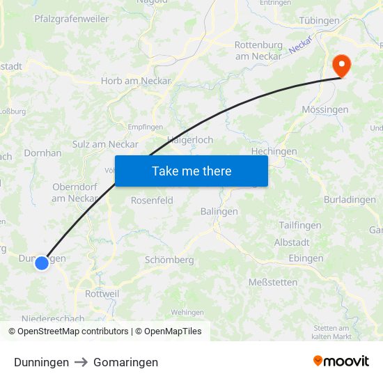 Dunningen to Gomaringen map