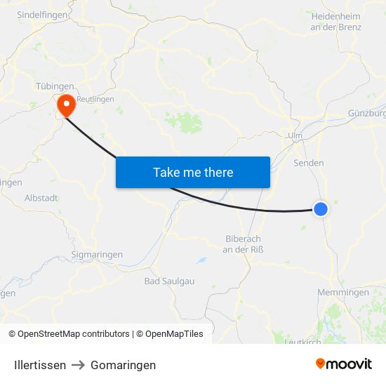 Illertissen to Gomaringen map