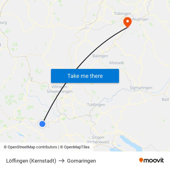 Löffingen (Kernstadt) to Gomaringen map