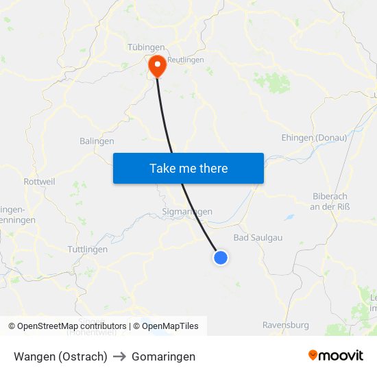 Wangen (Ostrach) to Gomaringen map