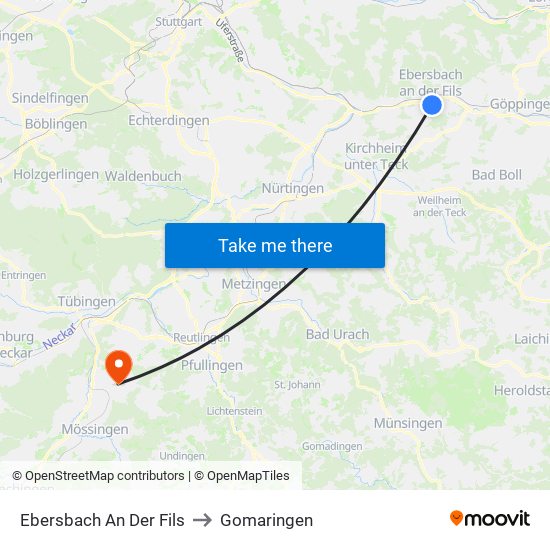 Ebersbach An Der Fils to Gomaringen map