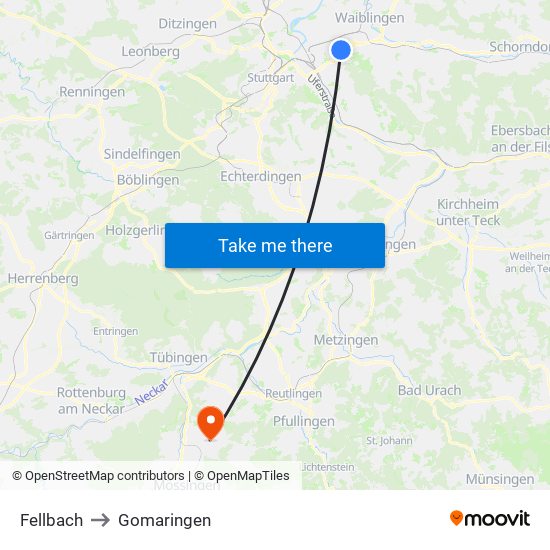 Fellbach to Gomaringen map