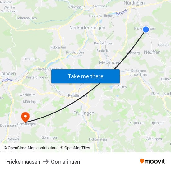 Frickenhausen to Gomaringen map