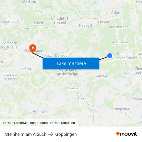Steinheim am Albuch to Göppingen map