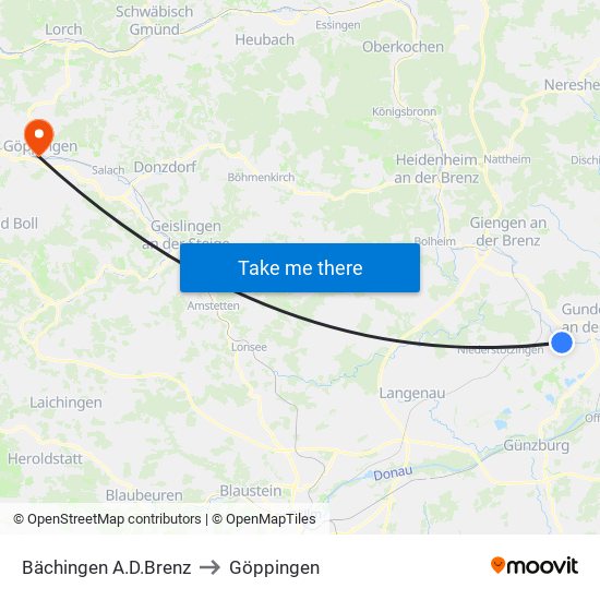 Bächingen A.D.Brenz to Göppingen map