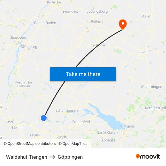 Waldshut-Tiengen to Göppingen map