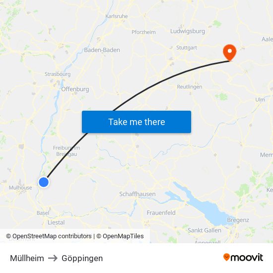 Müllheim to Göppingen map