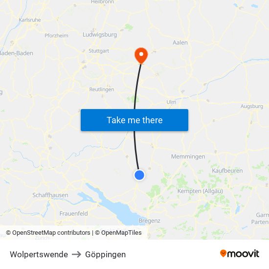 Wolpertswende to Göppingen map