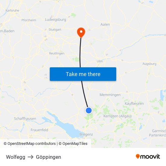 Wolfegg to Göppingen map