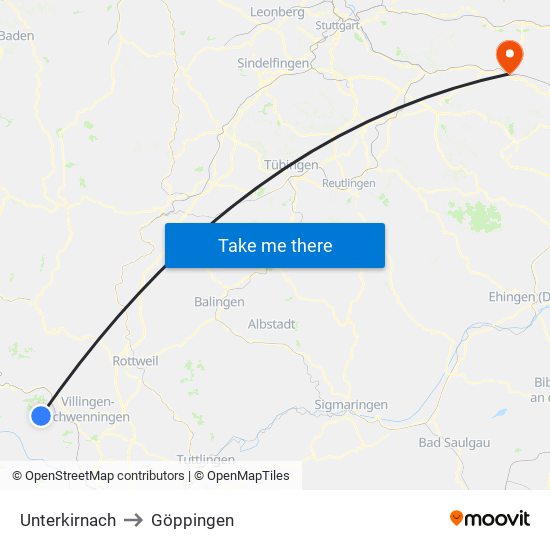 Unterkirnach to Göppingen map