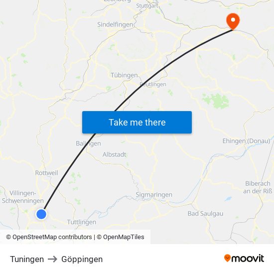 Tuningen to Göppingen map