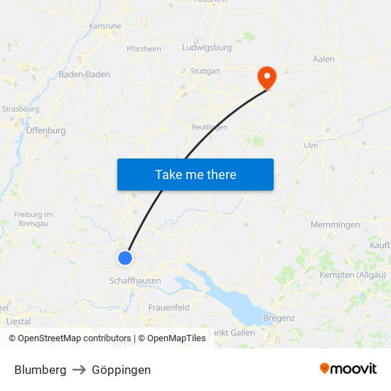 Blumberg to Göppingen map