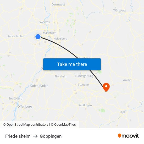 Friedelsheim to Göppingen map