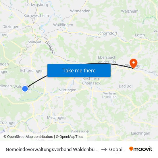 Gemeindeverwaltungsverband Waldenbuch/Steinenbronn to Göppingen map