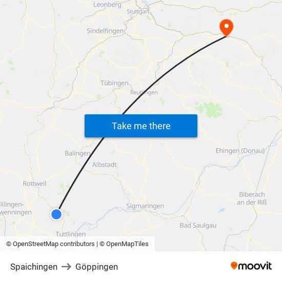 Spaichingen to Göppingen map