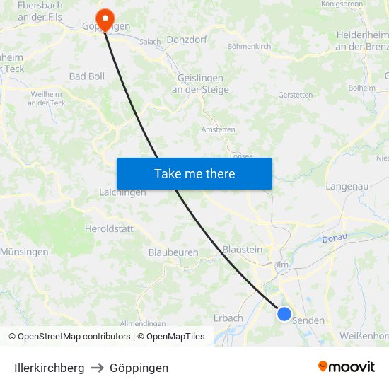 Illerkirchberg to Göppingen map