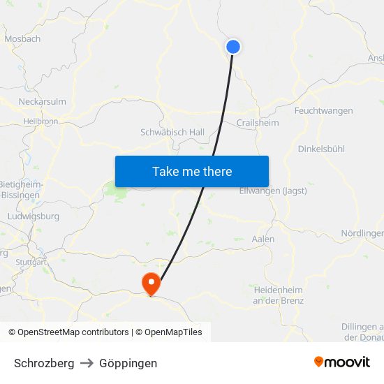 Schrozberg to Göppingen map