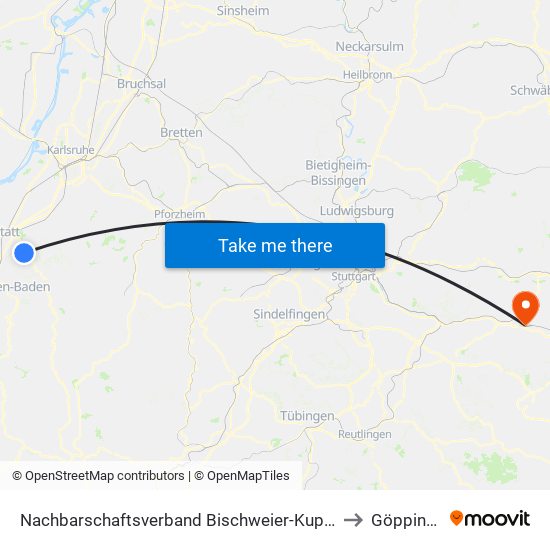 Nachbarschaftsverband Bischweier-Kuppenheim to Göppingen map