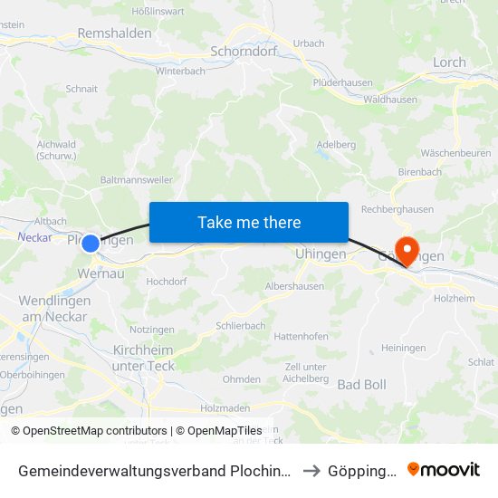Gemeindeverwaltungsverband Plochingen to Göppingen map