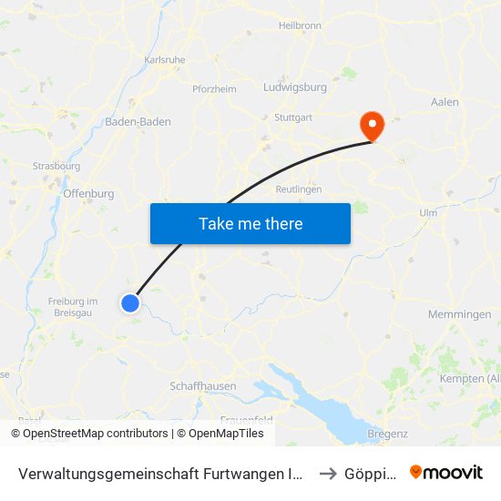 Verwaltungsgemeinschaft Furtwangen Im Schwarzwald to Göppingen map