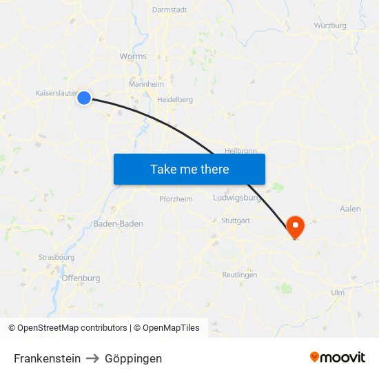 Frankenstein to Göppingen map