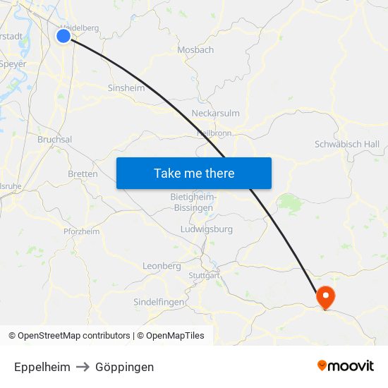 Eppelheim to Göppingen map